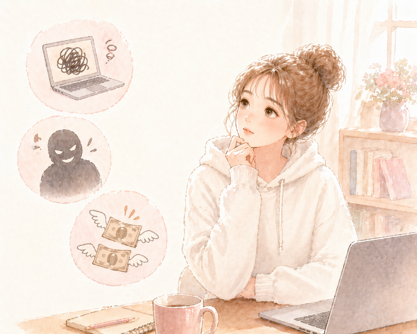 アフィリエイトって怪しくないの？と考える女性のイラスト