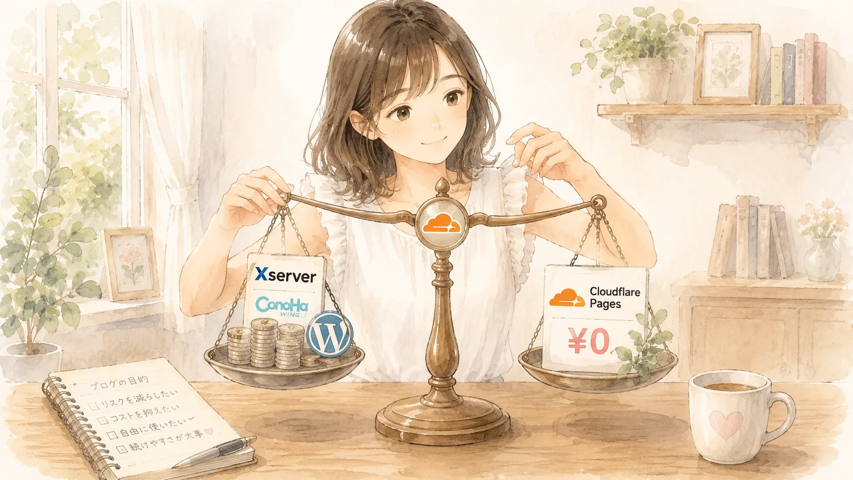 WordPress(エックスサーバー/ConoHa)とCloudflare Pagesのコストを天秤で比べるイラスト