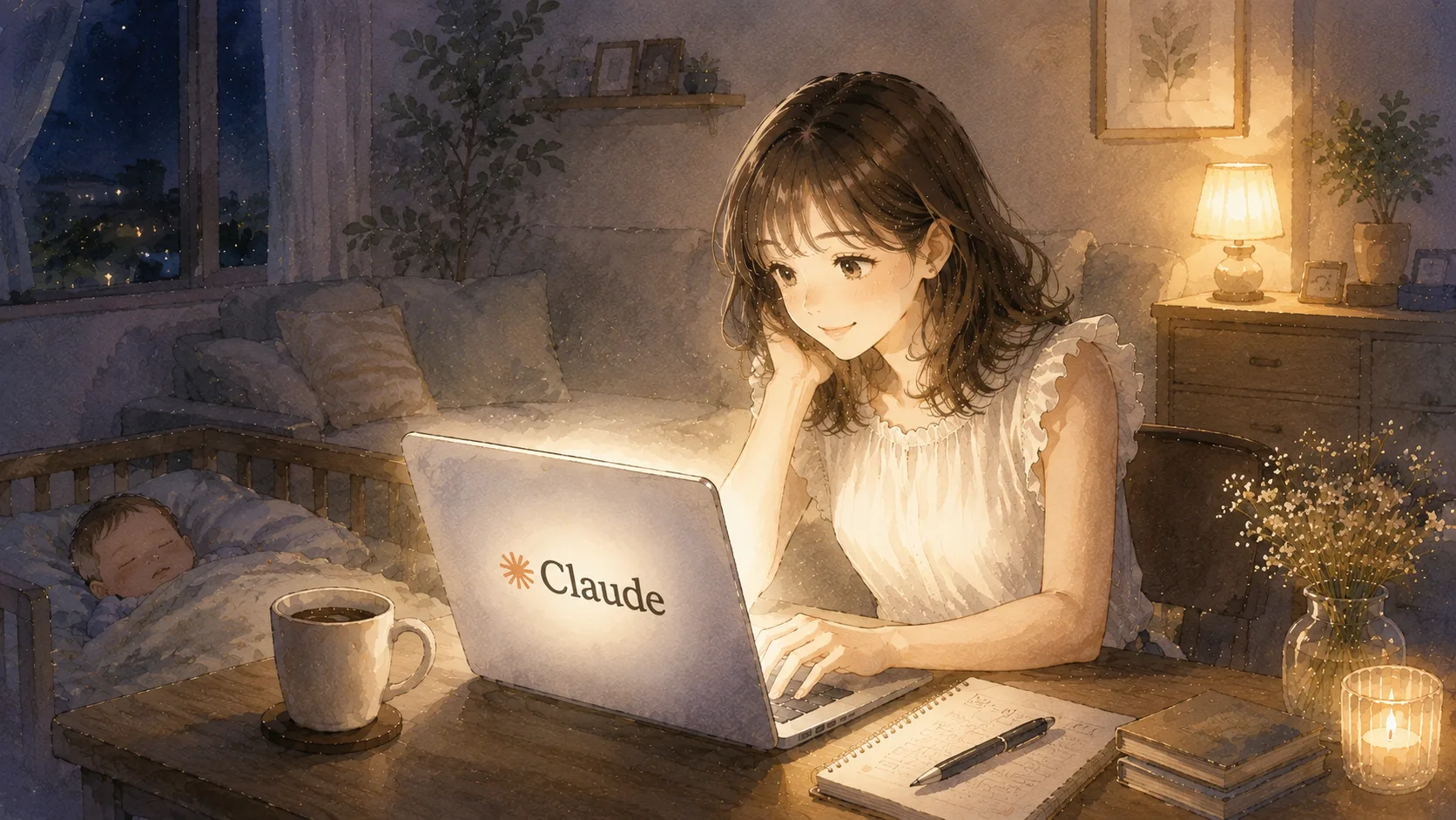 子どもを寝かしつけたあと、夜中にClaudeでブログ作業をする主婦のイラスト