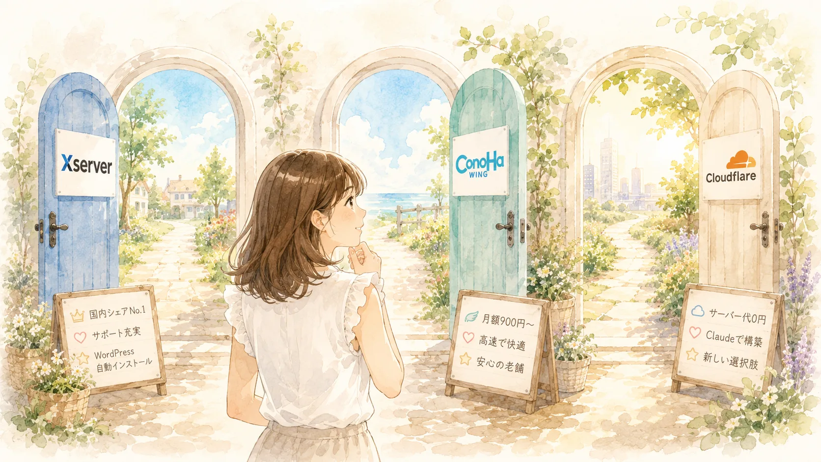 エックスサーバー・ConoHa WING・Cloudflareの3つのサーバーを扉で選ぶ主婦のイラスト