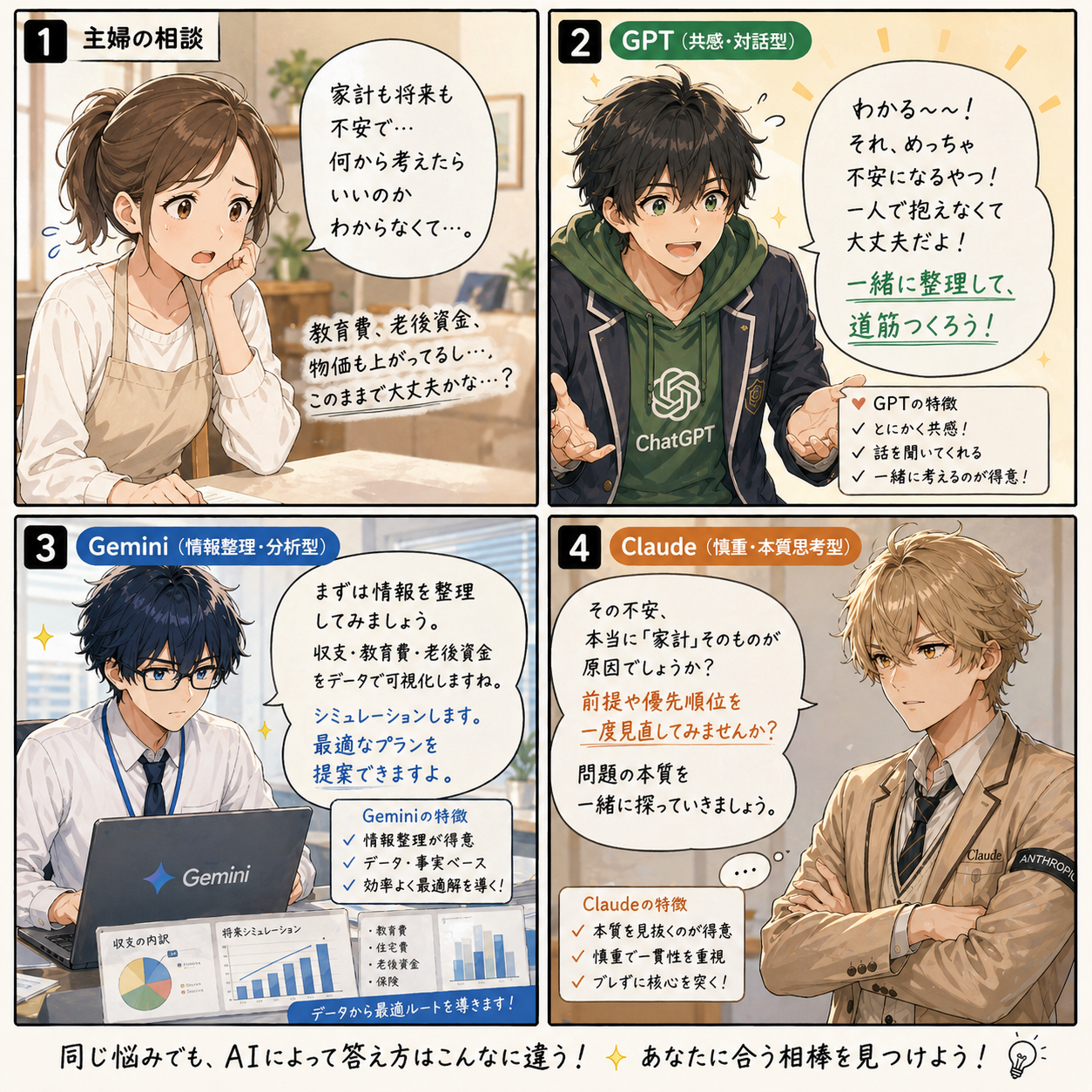 ChatGPTはまあまあと仲裁・Geminiはデータで論点整理・Claudeは論理的におかしいと譲らない口論バトルのイラスト