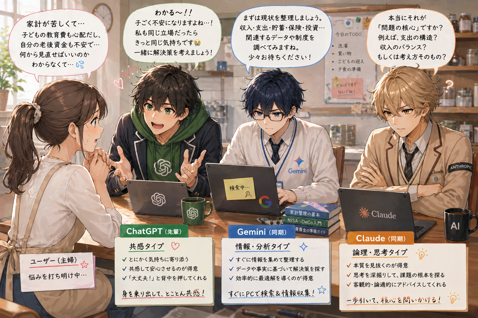 ChatGPT・Gemini・Claudeが教育資金をテーマに口論バトルするイラスト