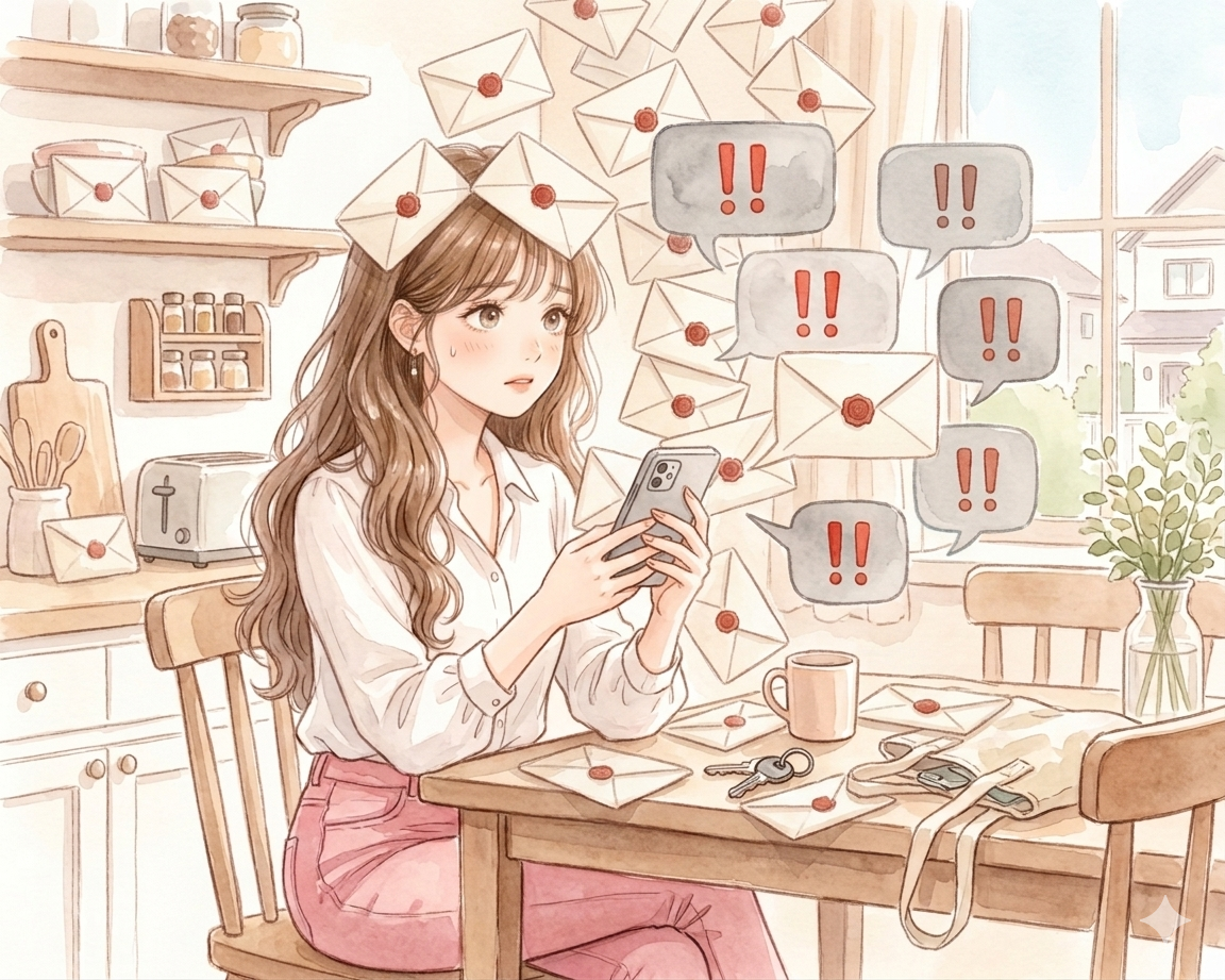 たくさんの同じDMが届く主婦のイラスト