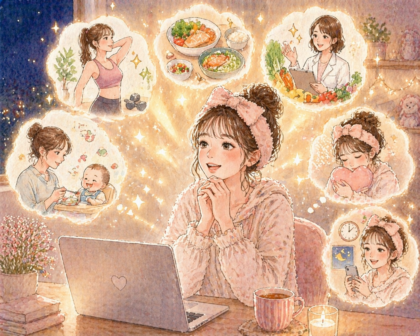 AIで生活のあらゆる場面がサポートされる主婦のイラスト