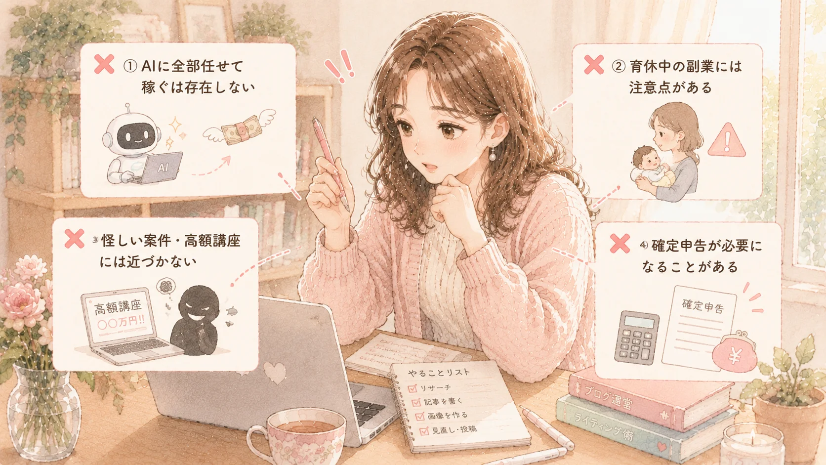 AI在宅ワークの注意点を確認する主婦のイラスト