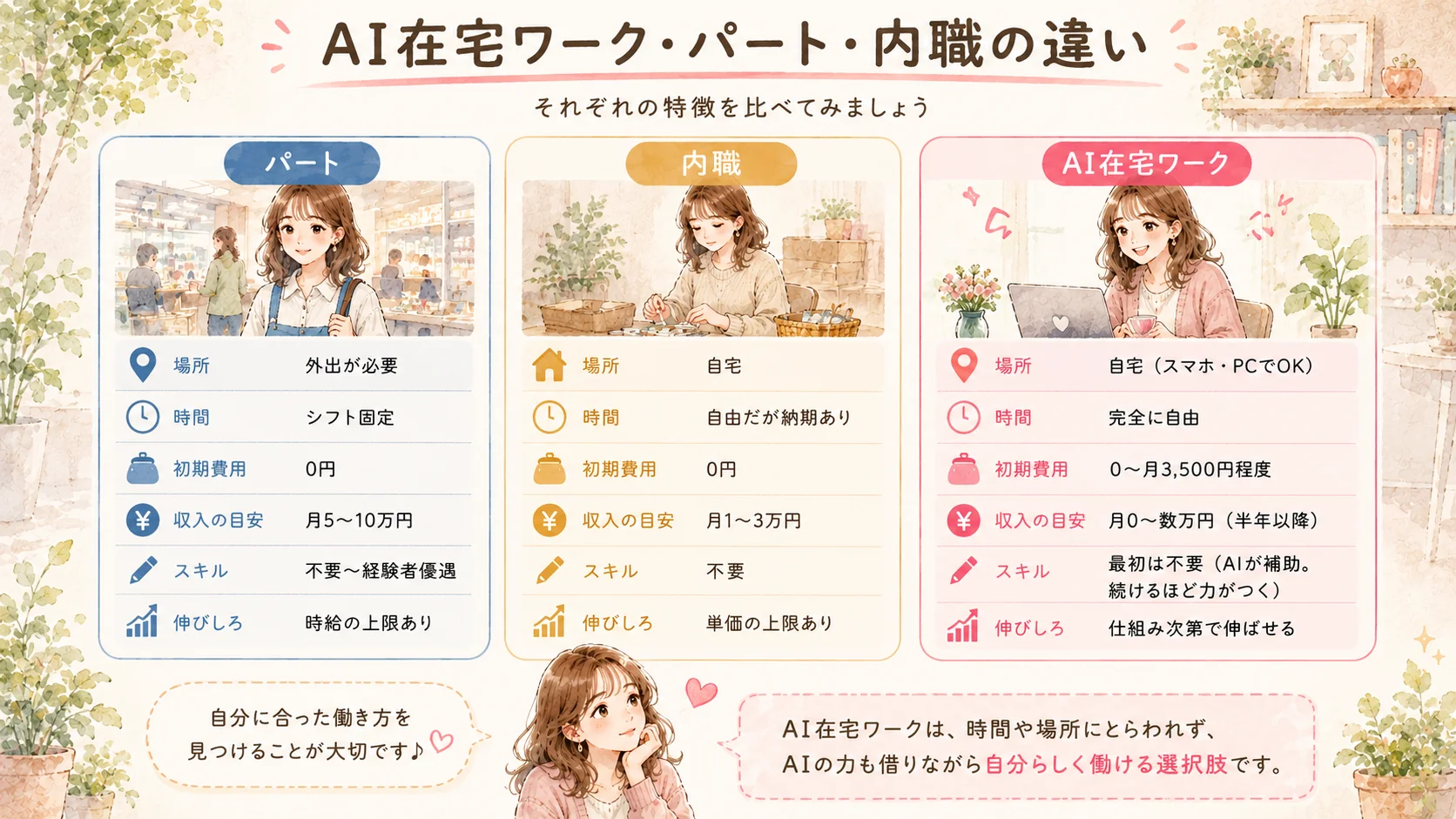 AI在宅ワーク・パート・内職の違いを比較した図解
