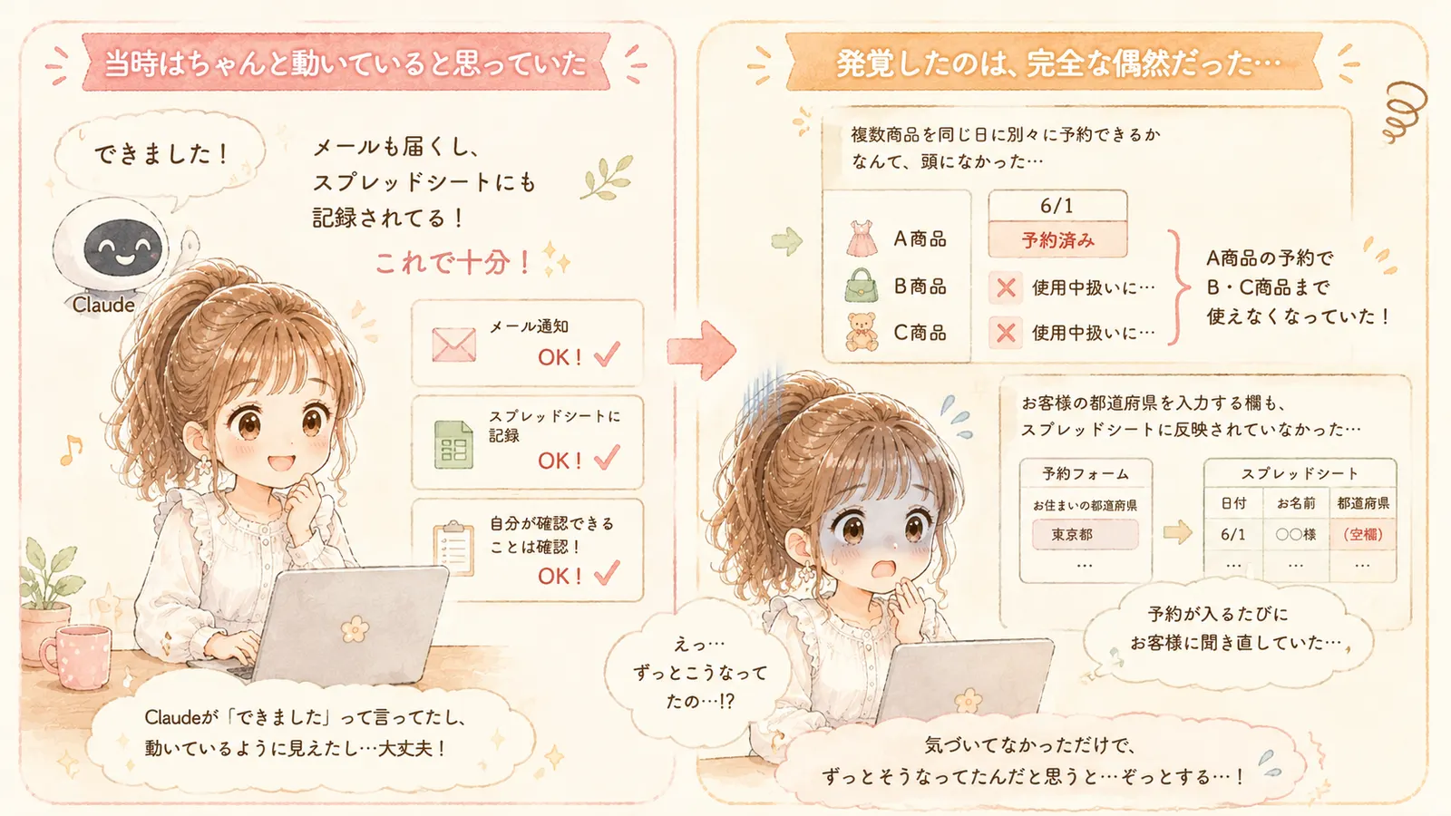 当時は動いていると思っていたのにバグが発覚した主婦のイラスト