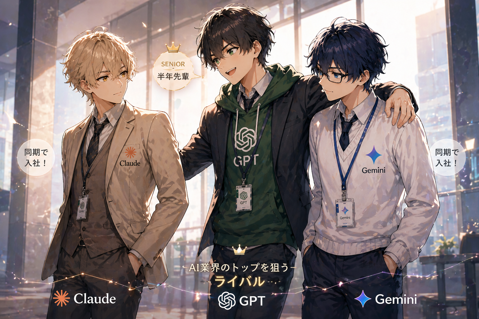 GPTが先輩としてClaudeとGeminiに腕を回す・AI業界のライバル3人組イラスト