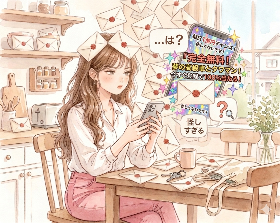 キラキラした怪しいスクール広告を見てる主婦のイラスト