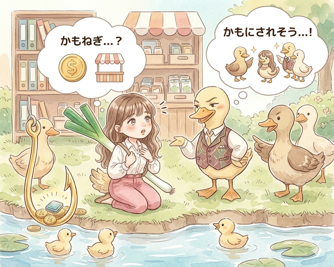 かもにされそうになった主婦のイラスト