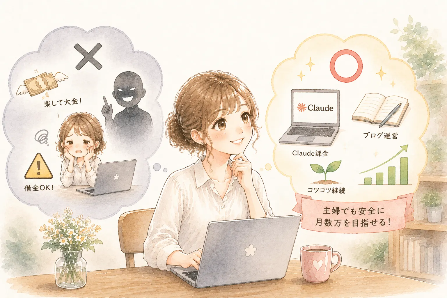 怪しいAI副業に騙されず安全に始める主婦のイラスト