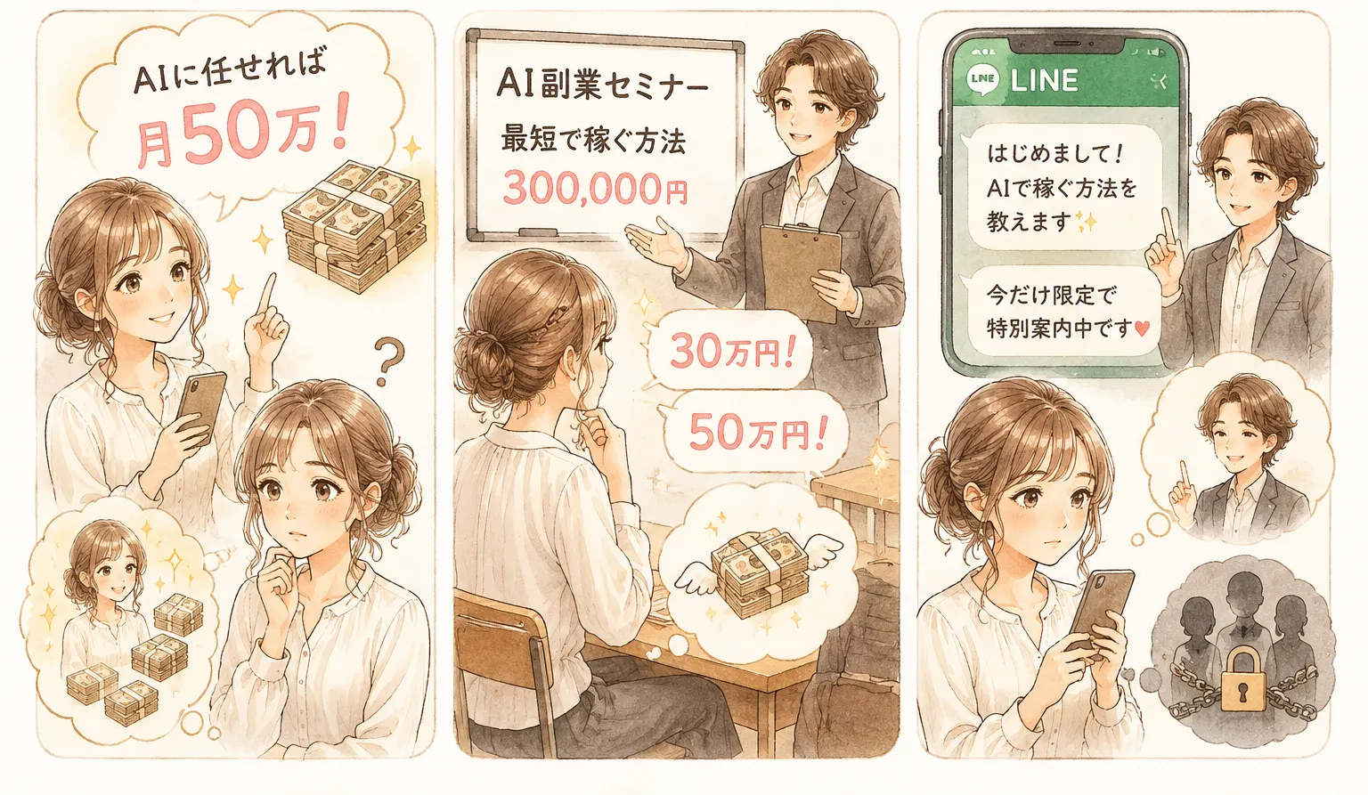 怪しいAI副業広告を見て警戒する主婦のイラスト