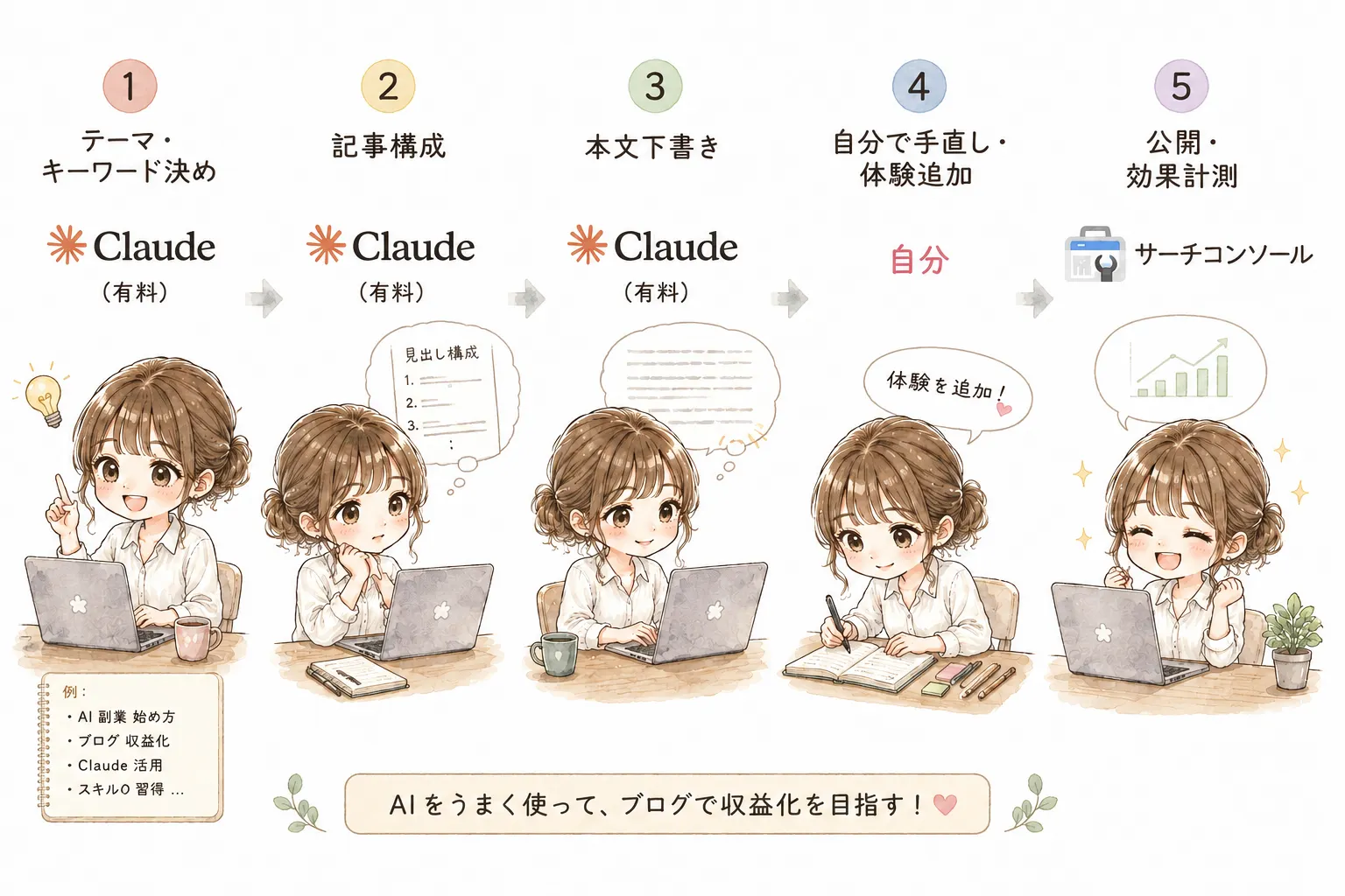 Claudeを使ってブログ副業の手順を説明する主婦のイラスト