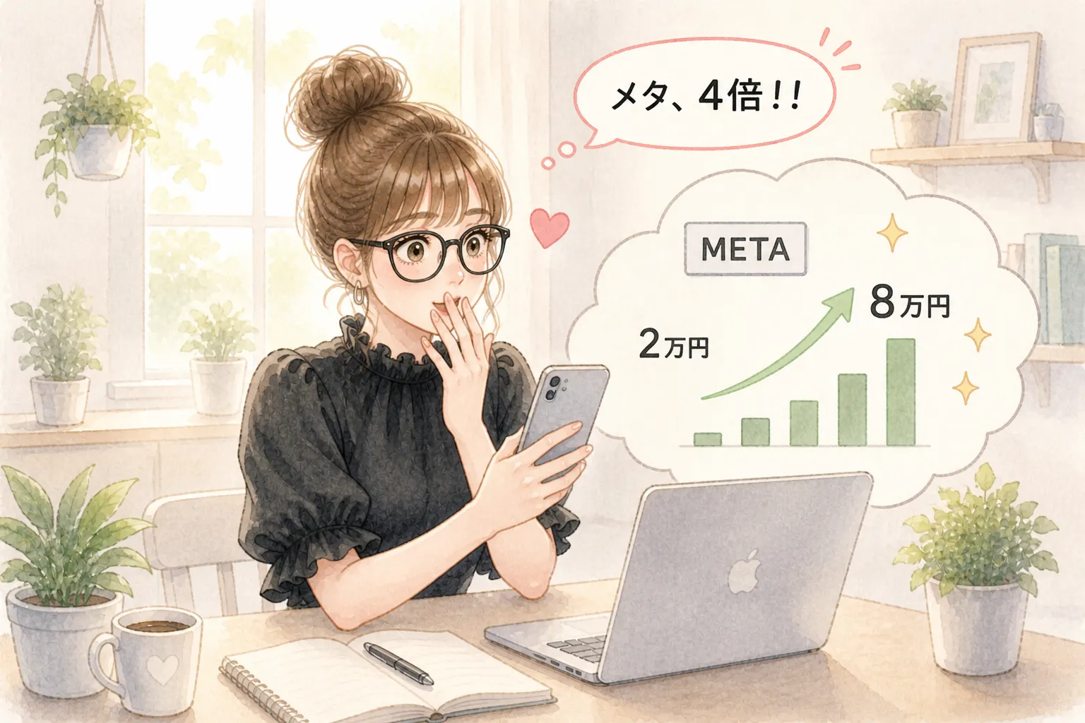 「え?メタ4倍になってる!?」とスマホを見て驚く主婦のイラスト