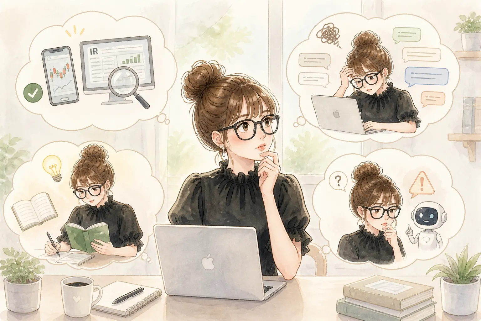 AIで株の情報を調べる前に知っておきたいことを考える主婦のイラスト