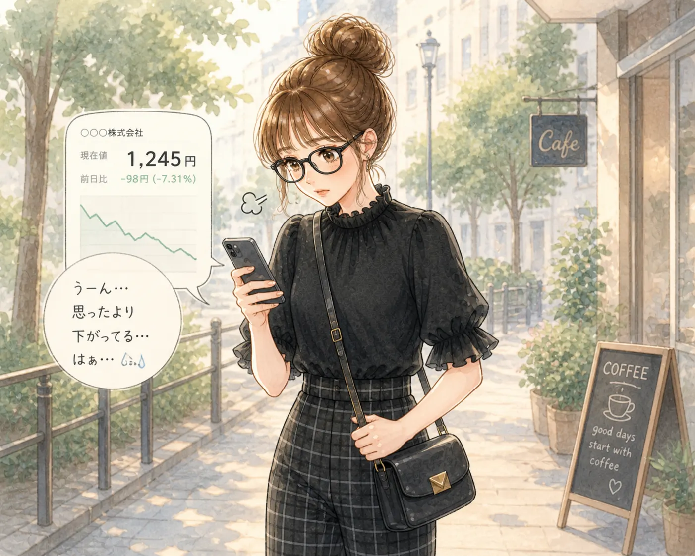 自分のポートフォリオを見ながらため息をつく主婦のイラスト