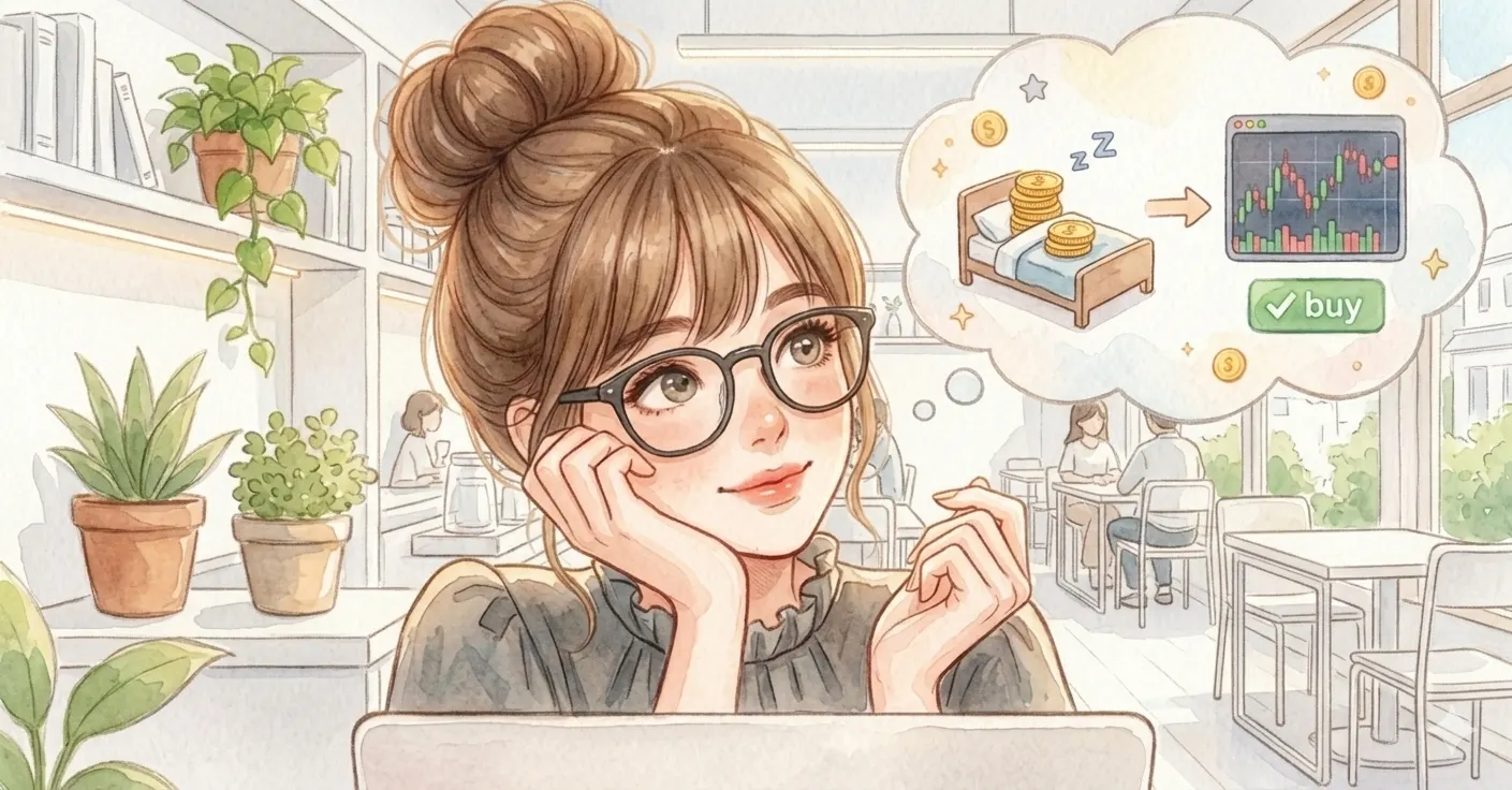 眠ってるお金を株に動かしたいなぁ…と考える主婦のイラスト