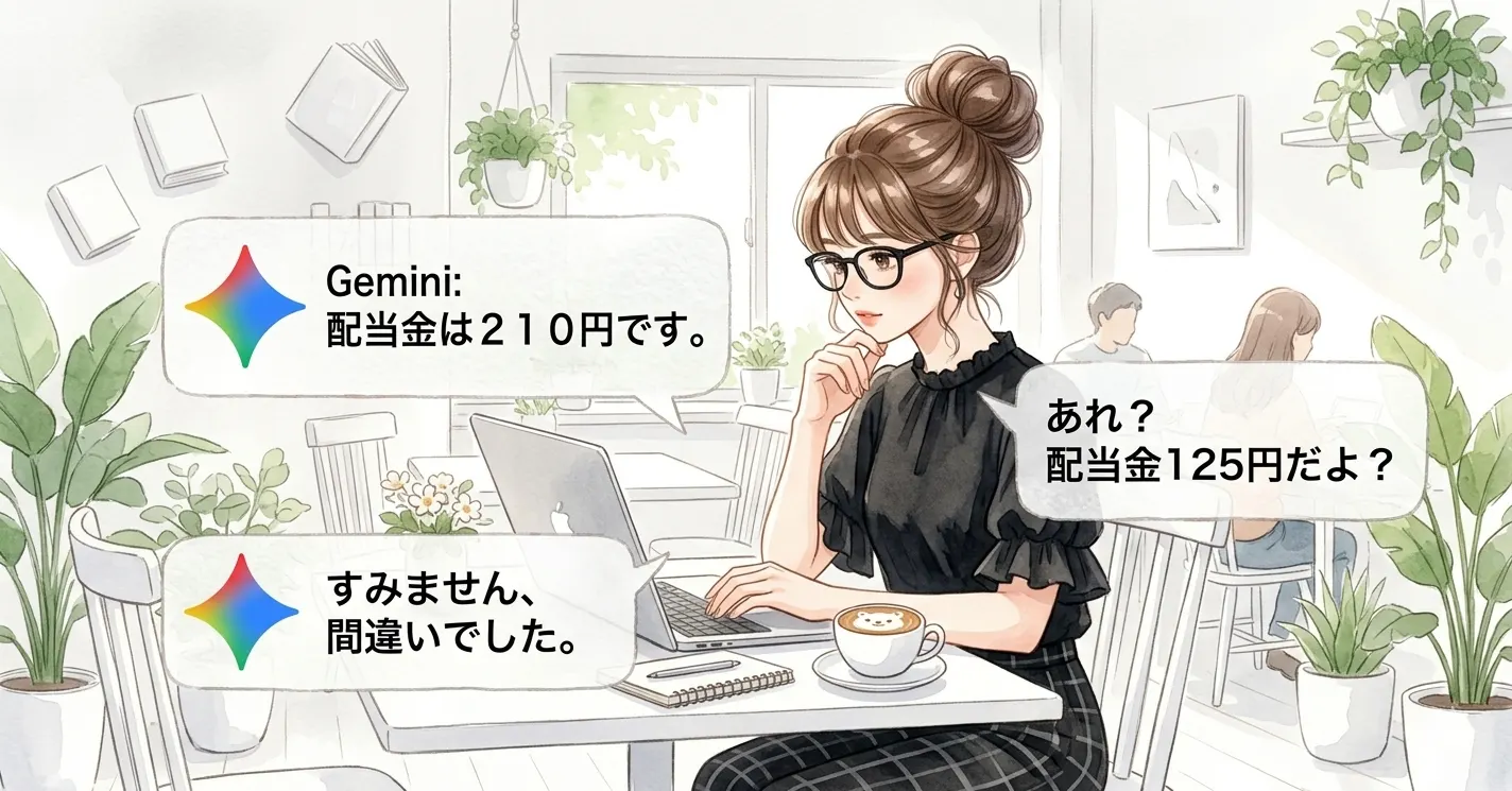 GeminiがAIに配当金210円と言い、主婦が125円だよと指摘するイラスト