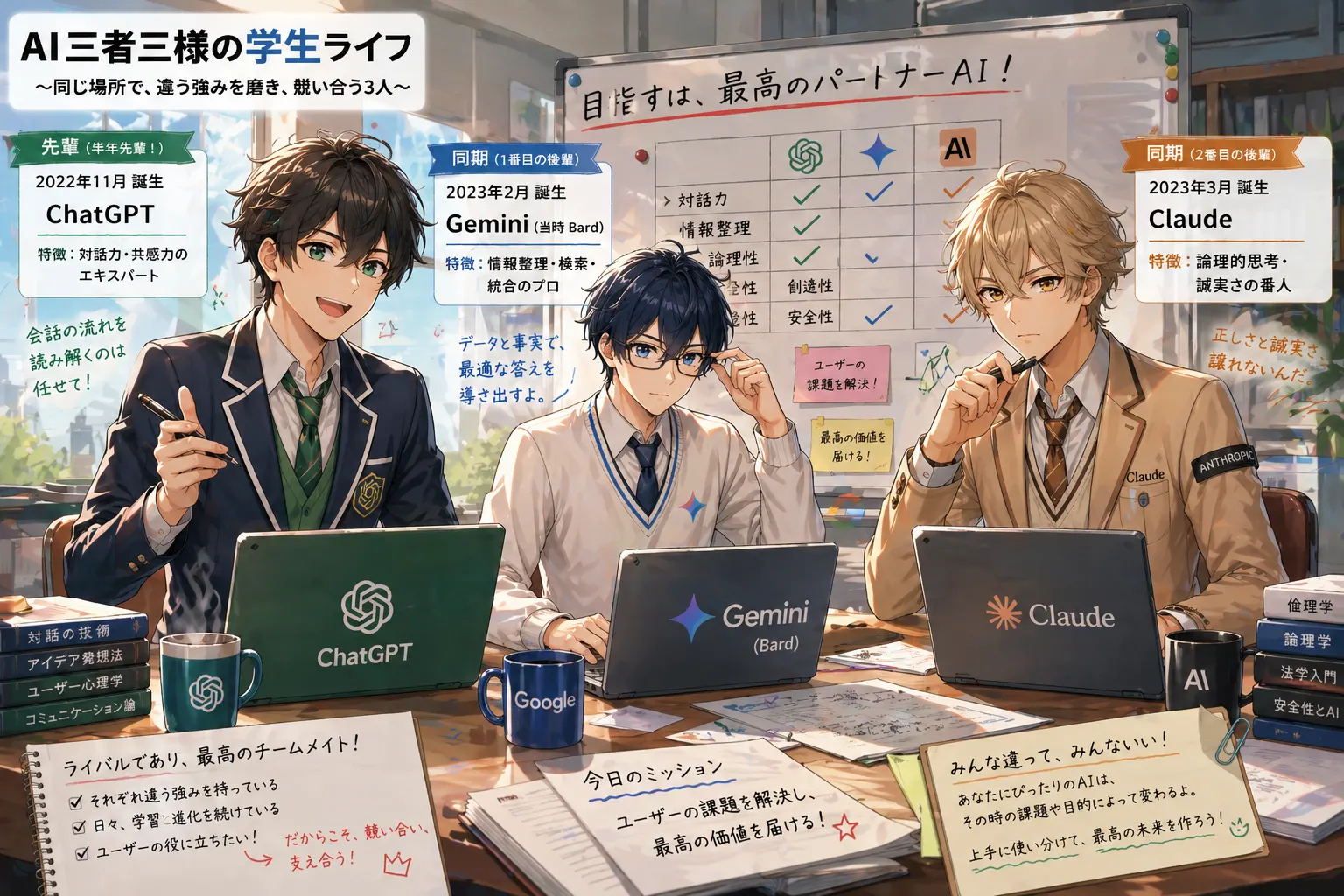 ChatGPT・Claude・Geminiの3AIキャラクターイラスト