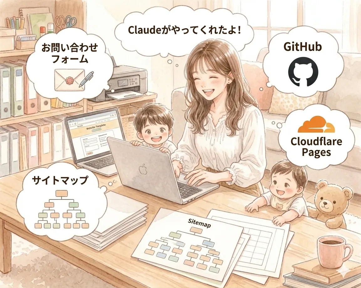 AIが作ってくれた子育て素材を子どもたちと楽しむ主婦のイラスト
