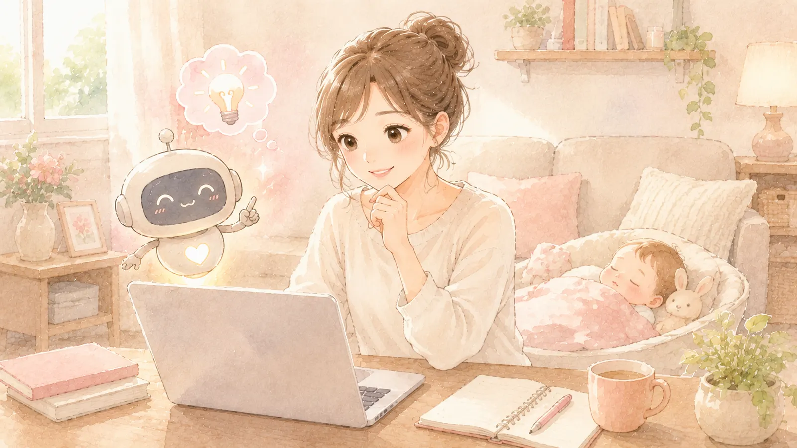 AIと一緒にブログ記事を書く主婦のイラスト