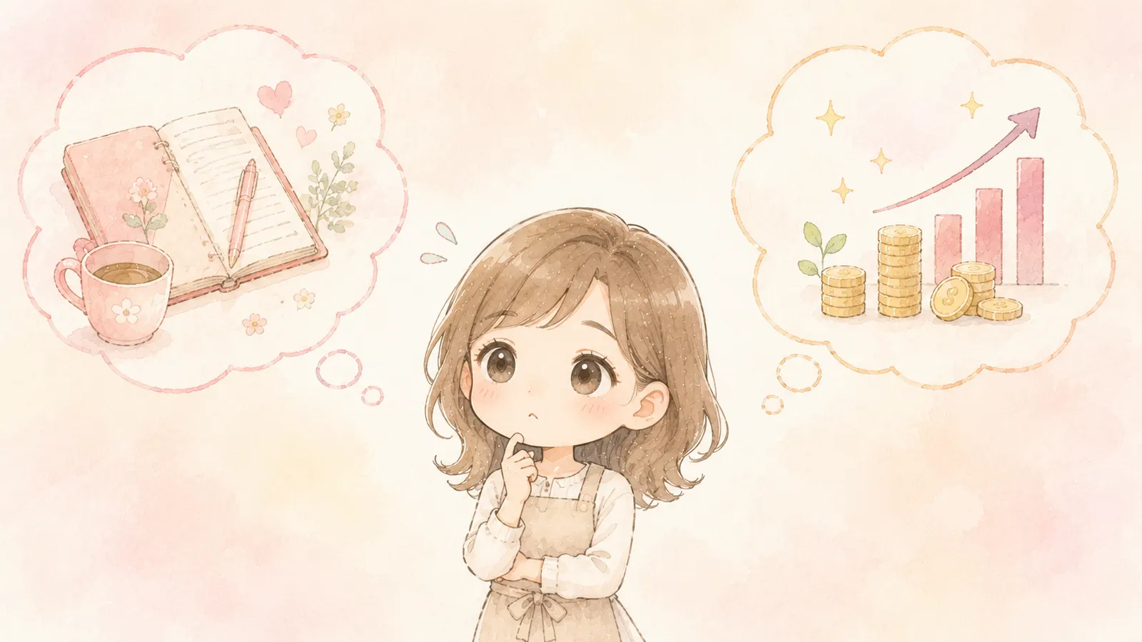 ブログを始める前に目的を考える主婦のイラスト