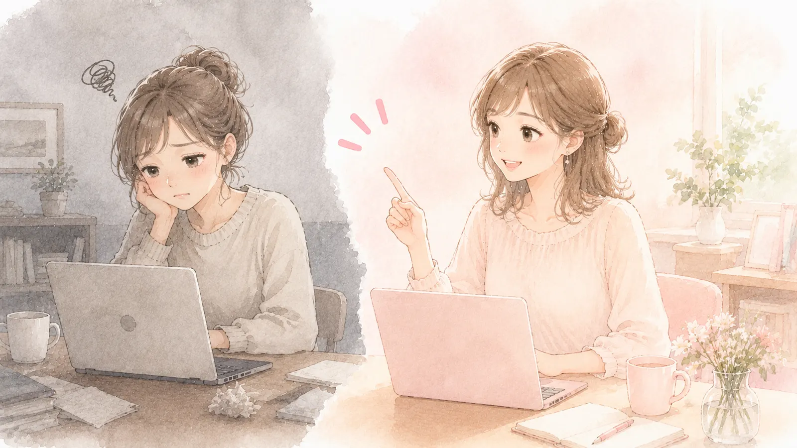 4年前の自分にアドバイスする主婦のイラスト