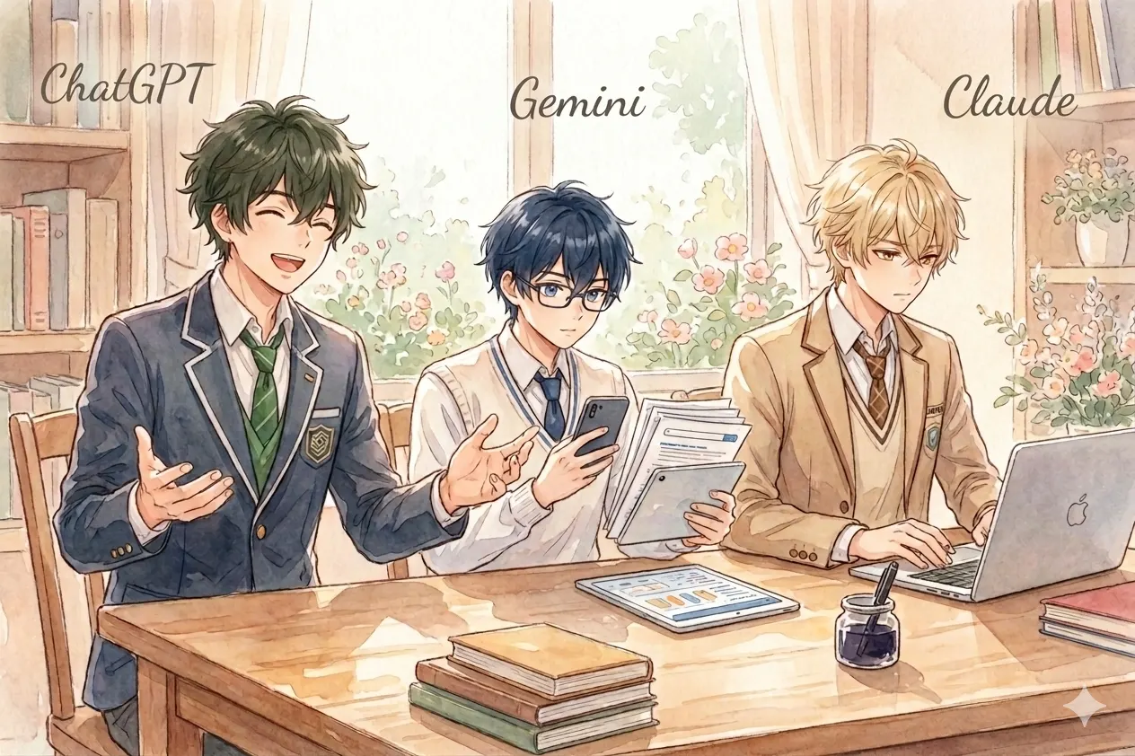 ChatGPT・Claude・Geminiの違いを3人のキャラクターで比較するイラスト