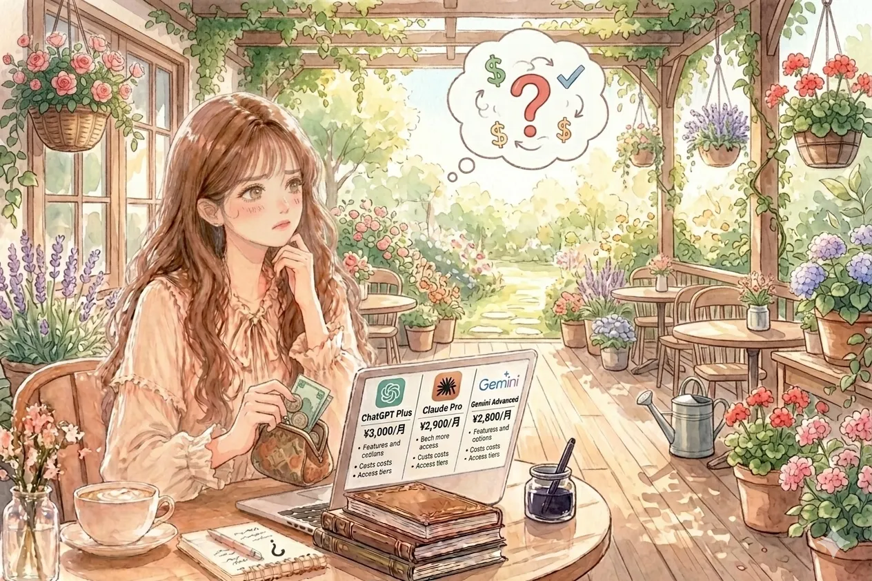 ChatGPT・Claude・Geminiの有料プランを見比べて迷う主婦のイラスト