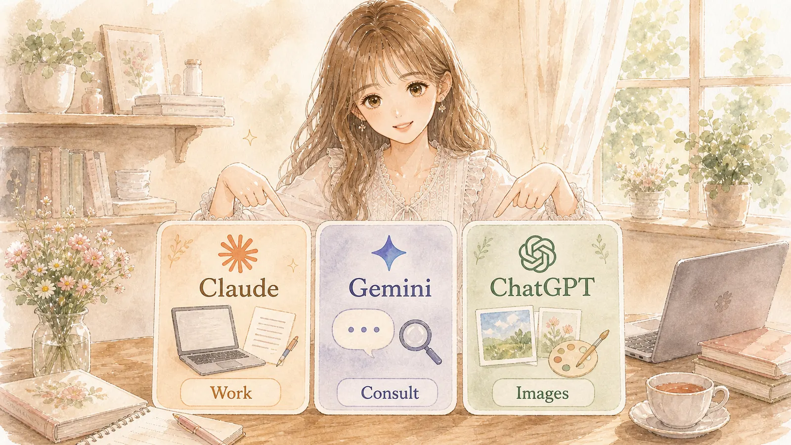 作業はClaude、相談はGemini、画像生成はGeminiとChatGPTを使い分けるまとめイラスト