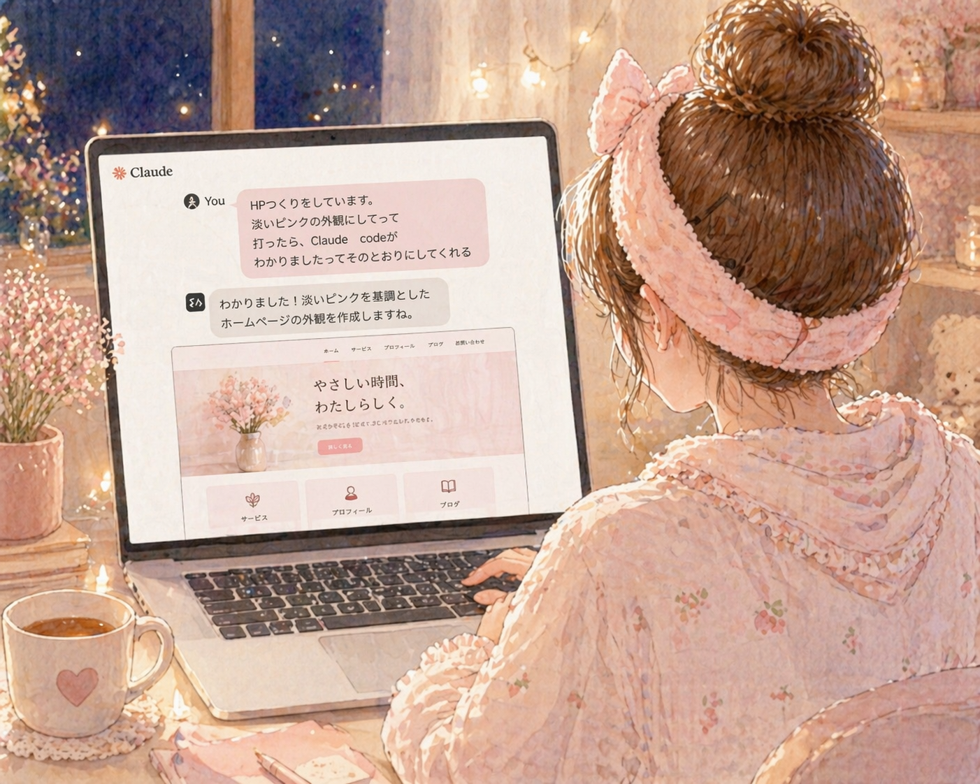 Claudeと会話しながらウェブサイトを作る女性のイラスト