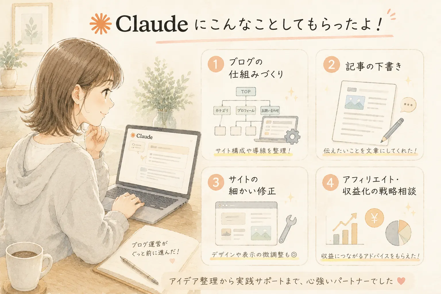 ブログの下書きをClaudeにお願いする主婦のイラスト