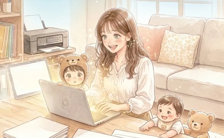 子どもたちと一緒にPCを楽しむ主婦のイラスト
