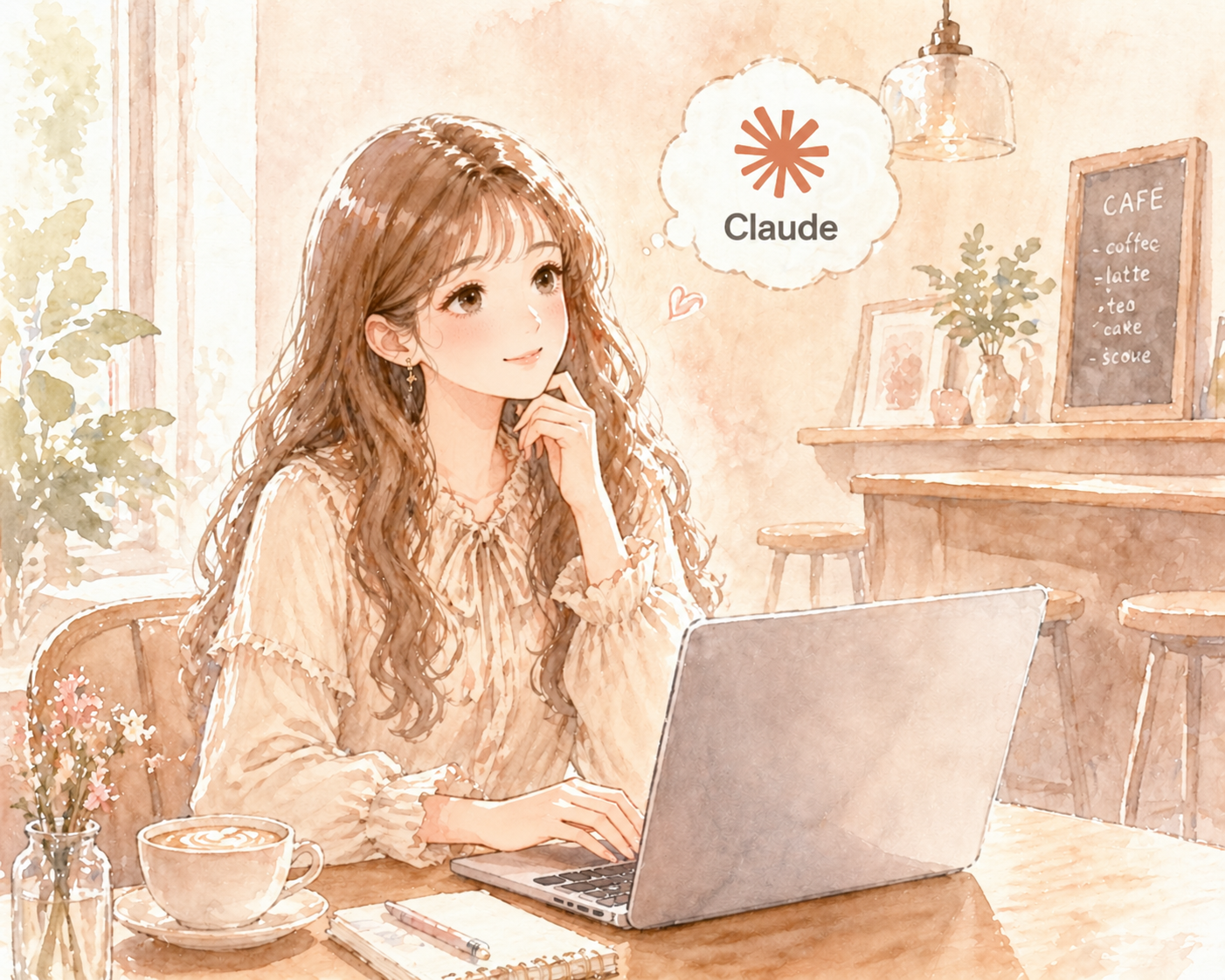 Claudeで副業を始めた主婦——夜中にコツコツ作業中の水彩イラスト