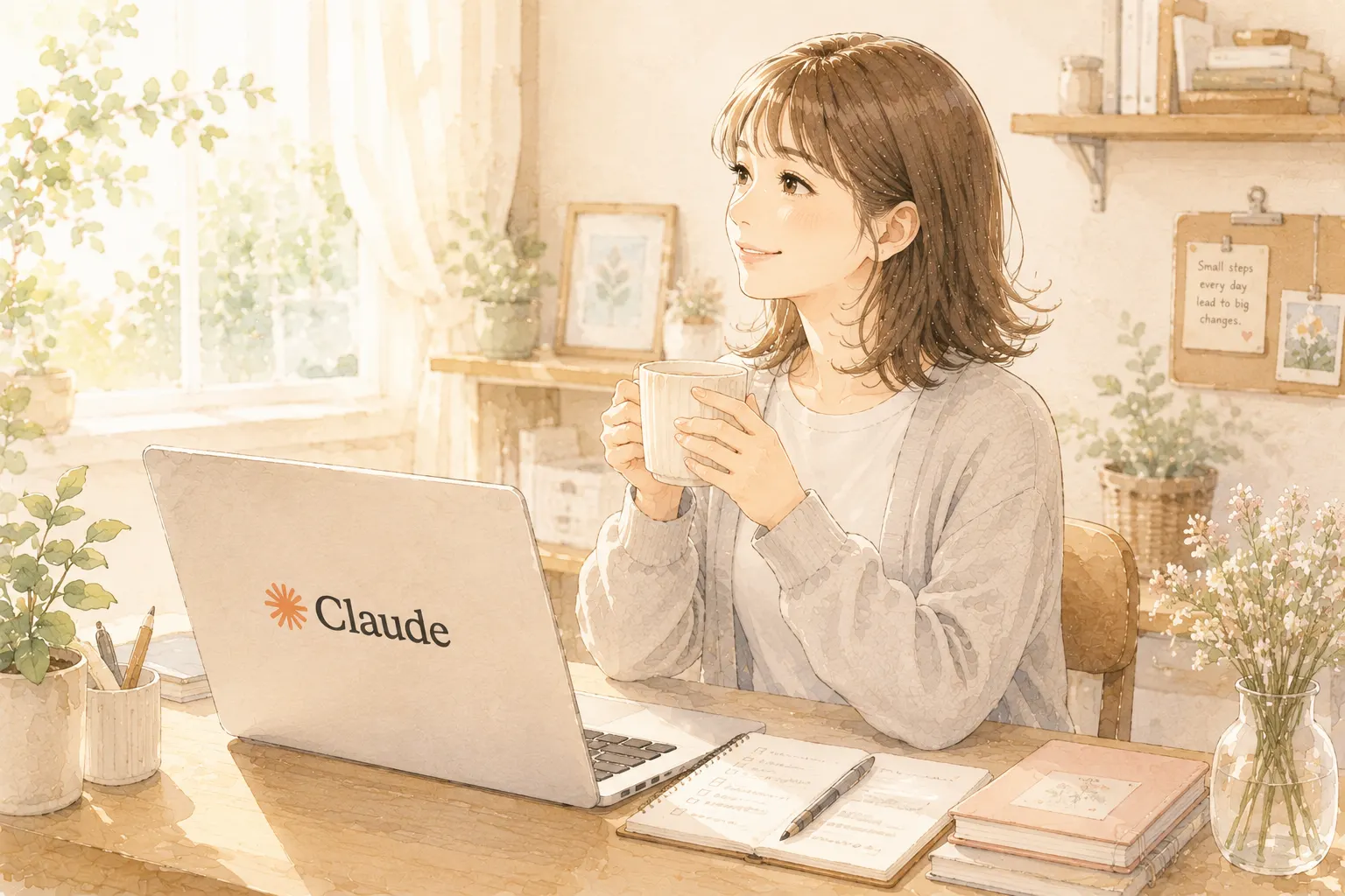 これからもよろしくね!と笑顔で話しかける主婦とClaudeのイラスト