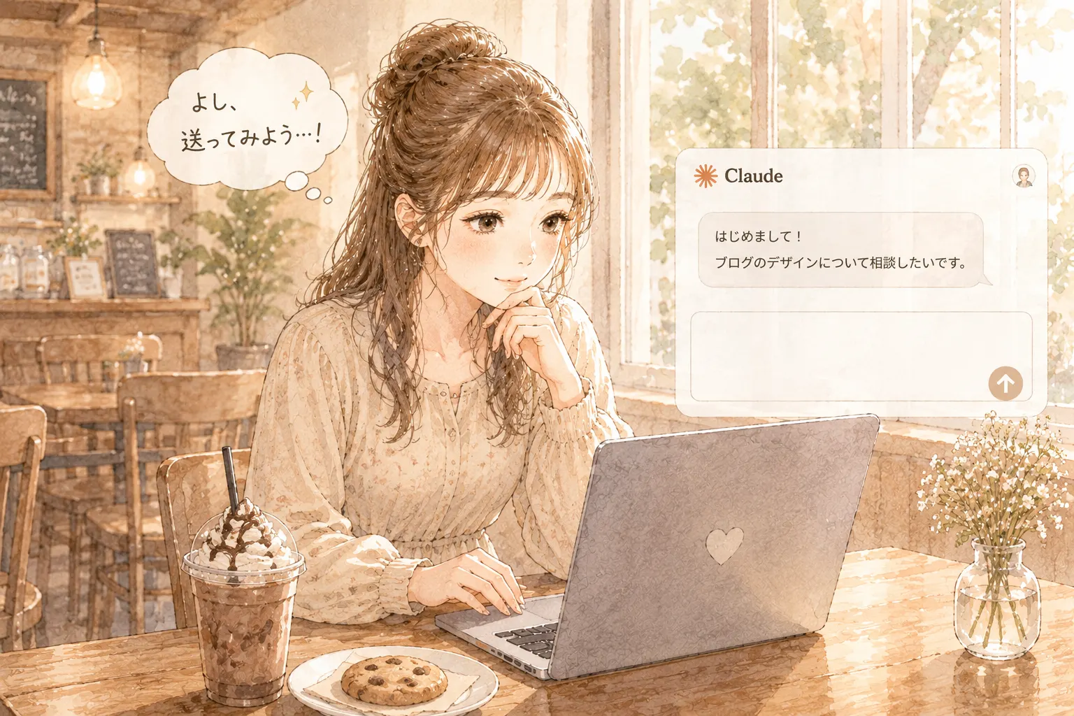 よし送ってみようとClaudeに初めてメッセージを送る女性のイラスト