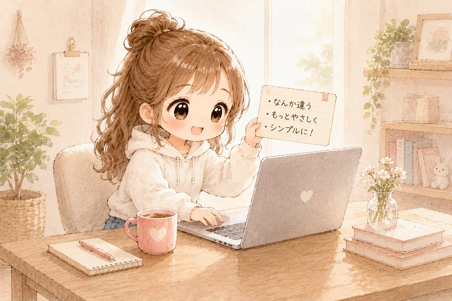 カンペを持ってPCで作業する女の子のイラスト