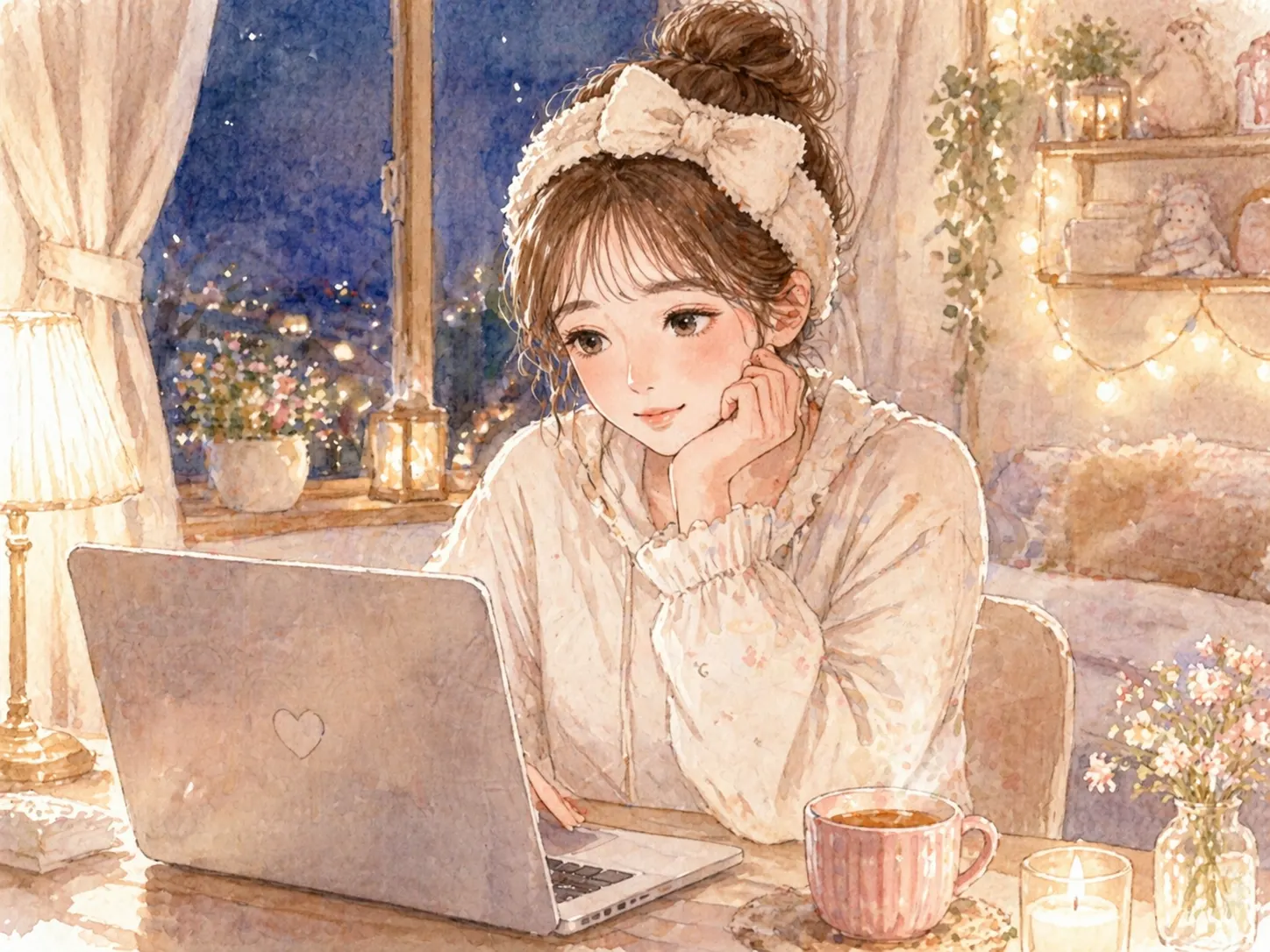 夜にパソコンでClaudeと話す女性のイラスト