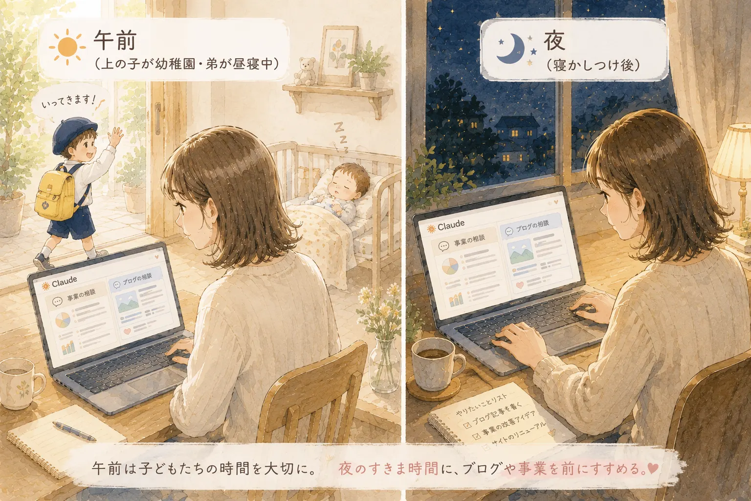 育児の合間にClaudeで作業する主婦のイラスト
