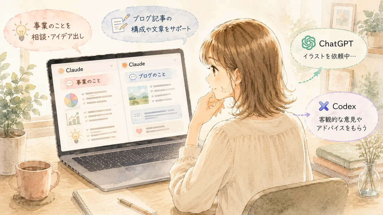 ClaudeをPC画面2分割で事業とブログに同時活用するイラスト