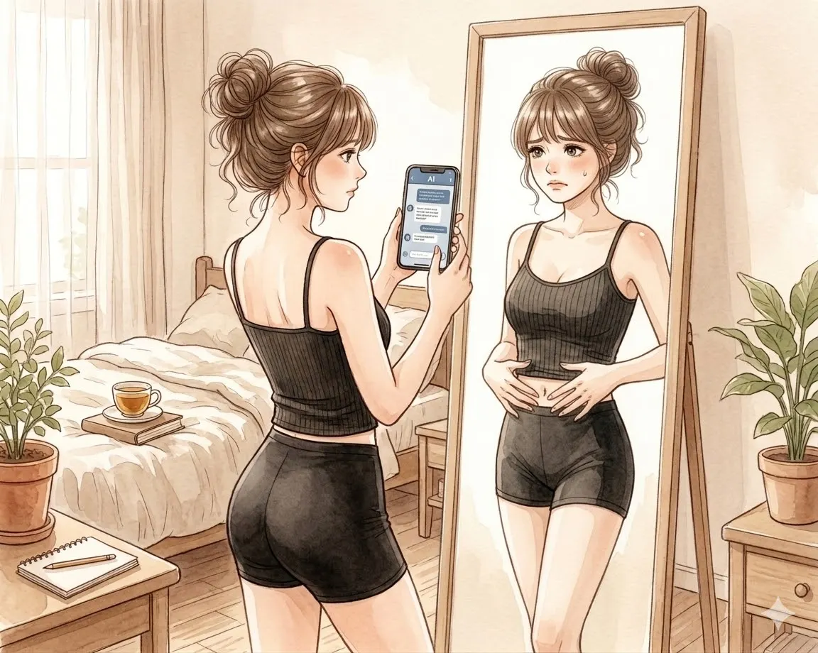 鏡の前でAIアプリに体型相談する女性の水彩イラスト