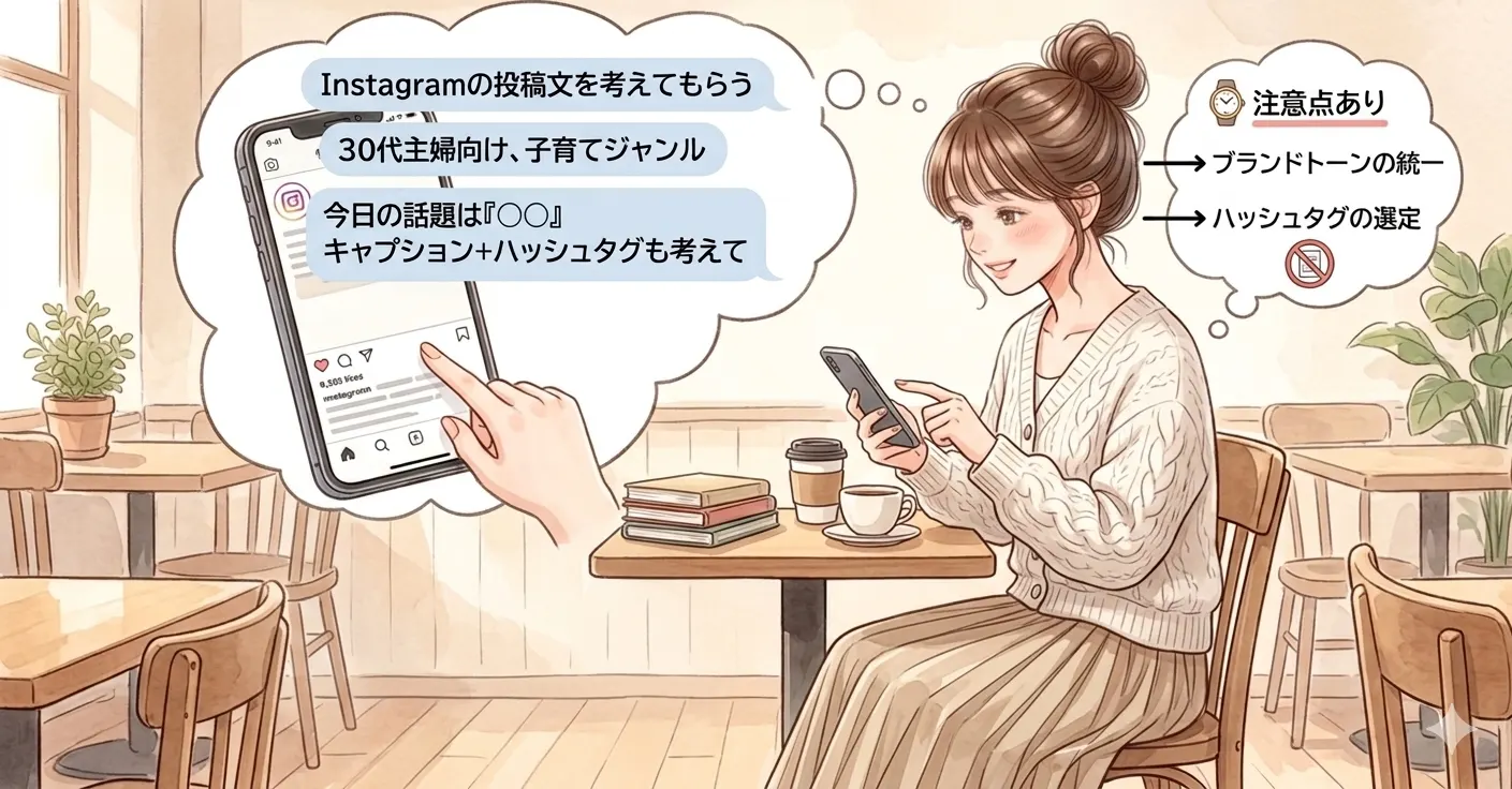 スマホでInstagramの投稿文をAIに考えてもらう主婦の水彩イラスト
