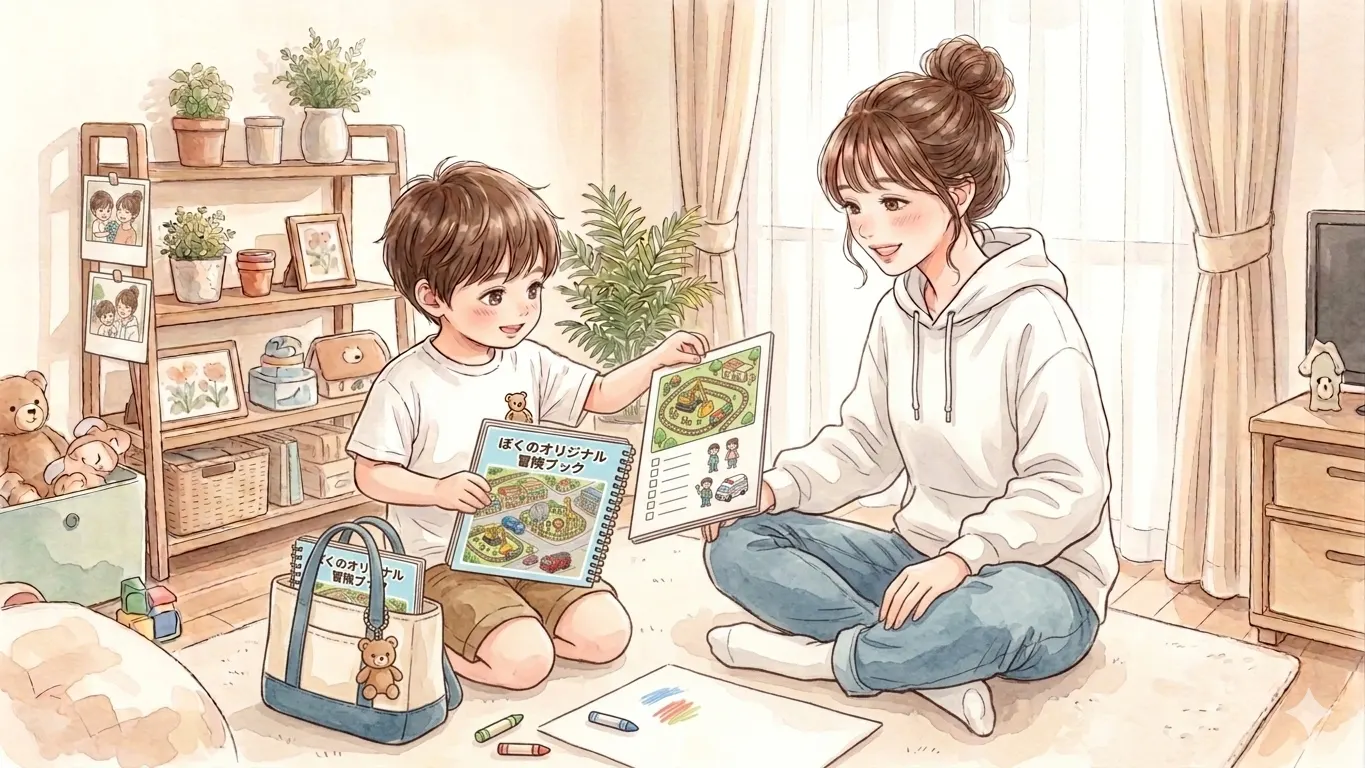 子どもとママがオリジナルマップブックを一緒に見ているイラスト