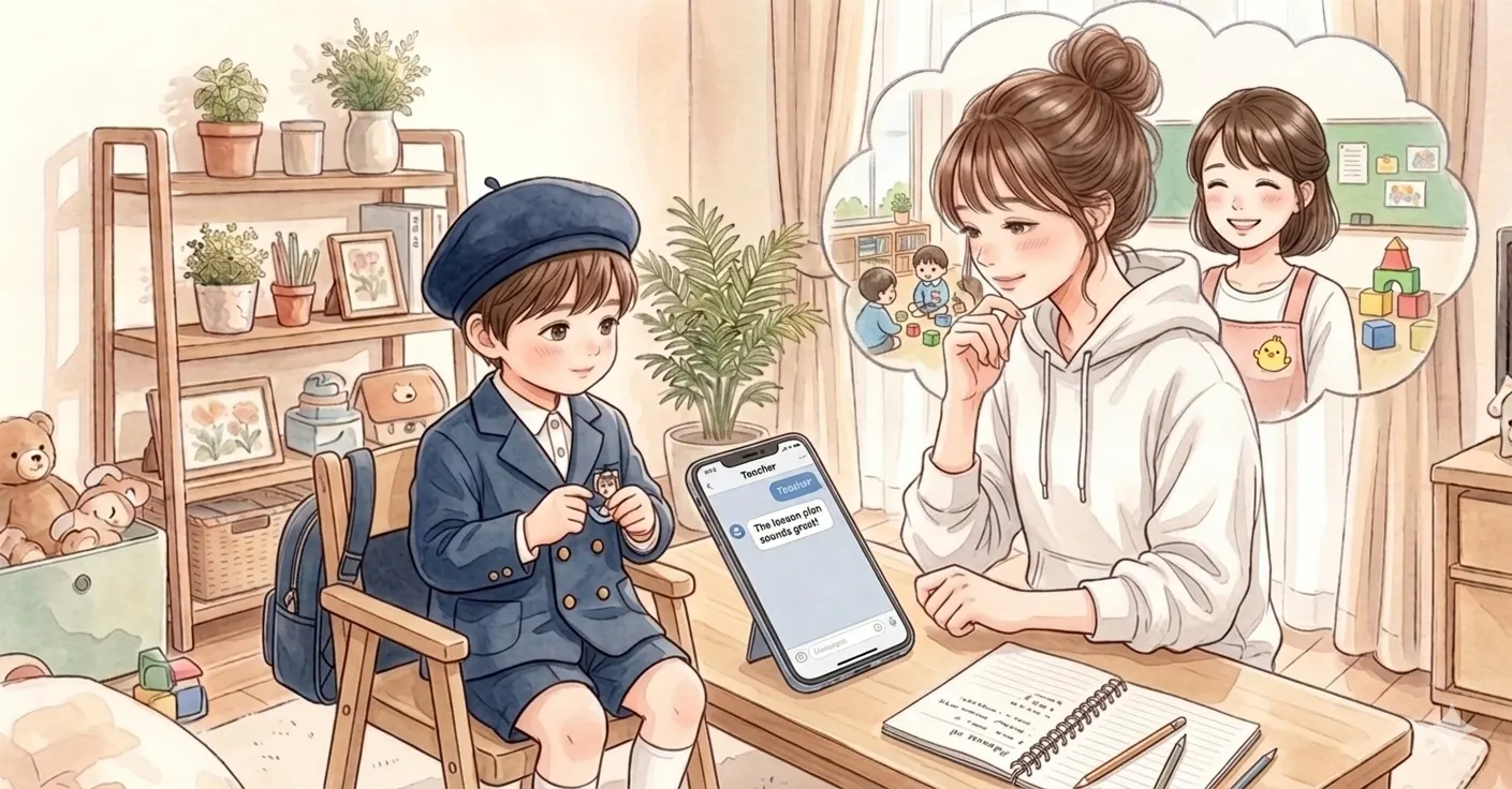 スマホでAIに文章の言い回しを相談する女性の水彩イラスト