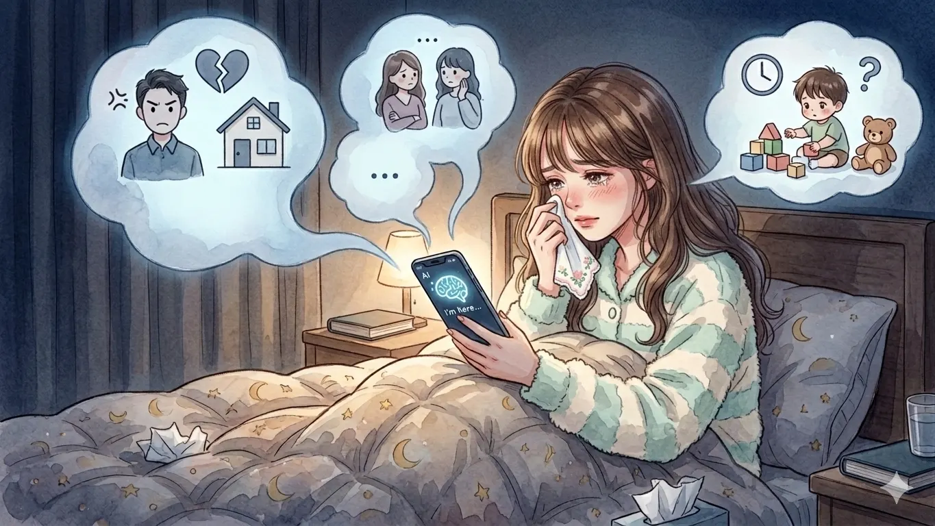 夜ひとりでスマホのAIに気持ちを打ち明ける女性の水彩イラスト