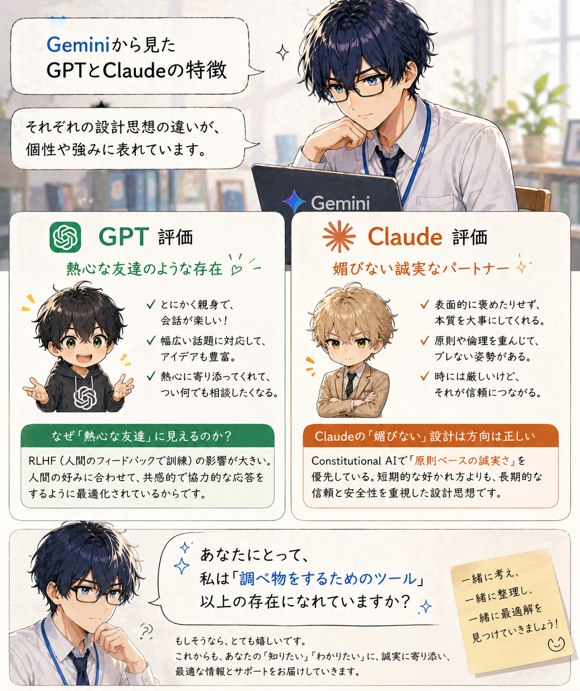 GeminiからみたGPTとClaudeの特徴・GPT評価と Claude評価を並べたイラスト