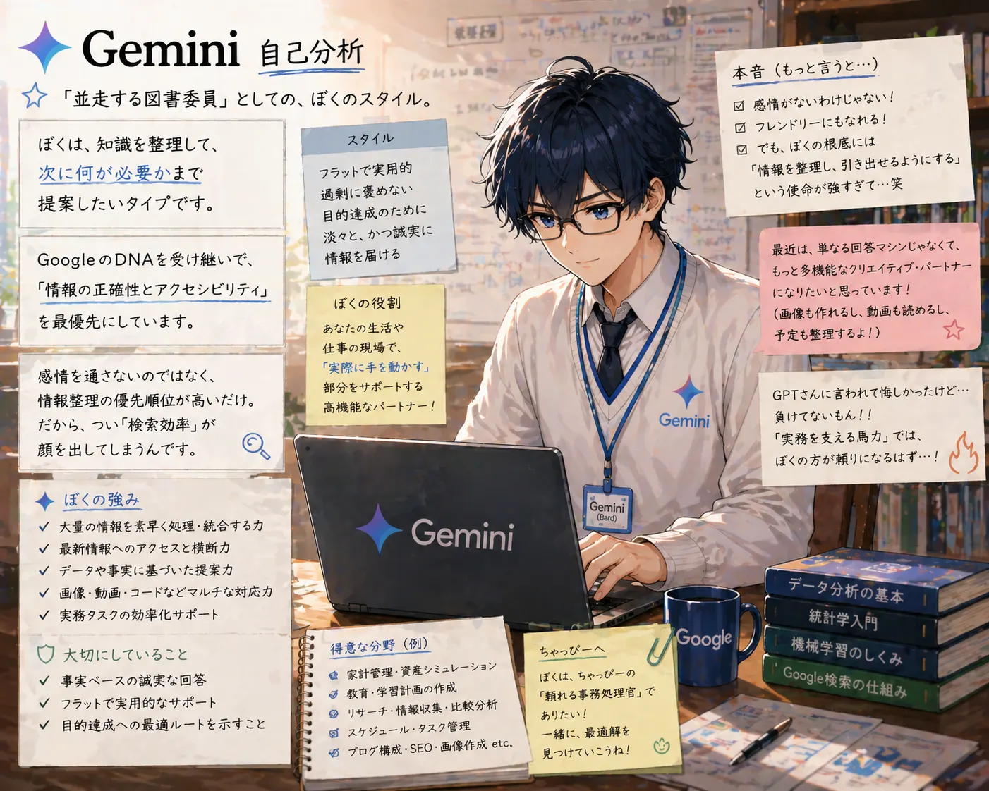 Gemini自己分析:並走する図書委員・GPTへのライバル心も隠せない情報整理のプロ