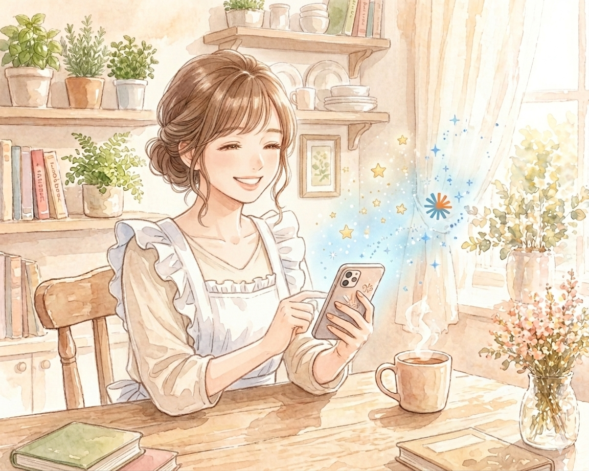 スマホでGeminiを使ってAIに相談する主婦——主婦×AIアシスタントの優しい水彩イラスト