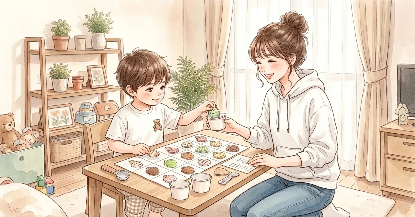 Geminiで作ったアイス屋さんごっこのおもちゃで遊ぶ親子の水彩イラスト