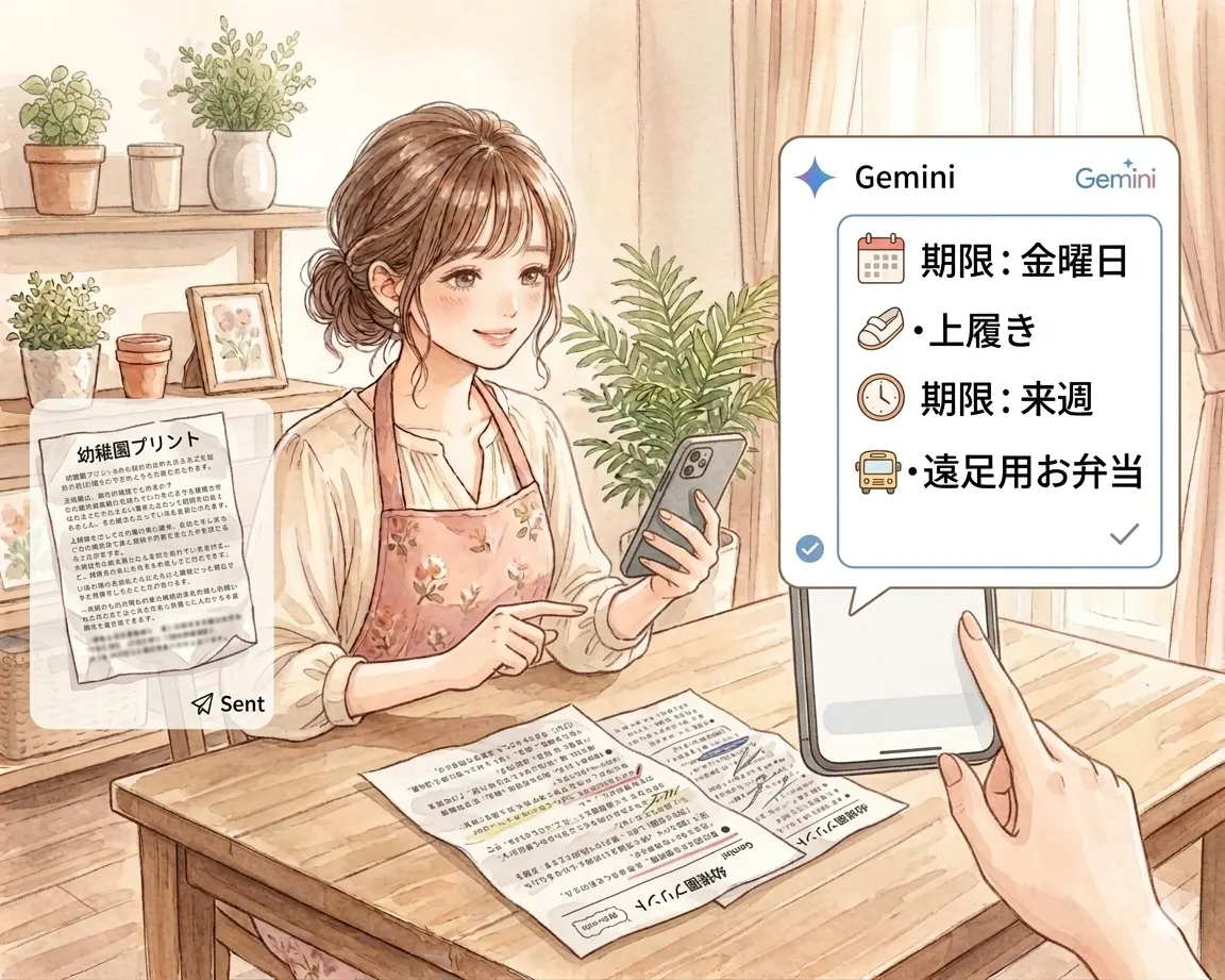 幼稚園のプリントを撮ってGeminiに送ると期限と持ち物を一覧化してくれる主婦のシーン